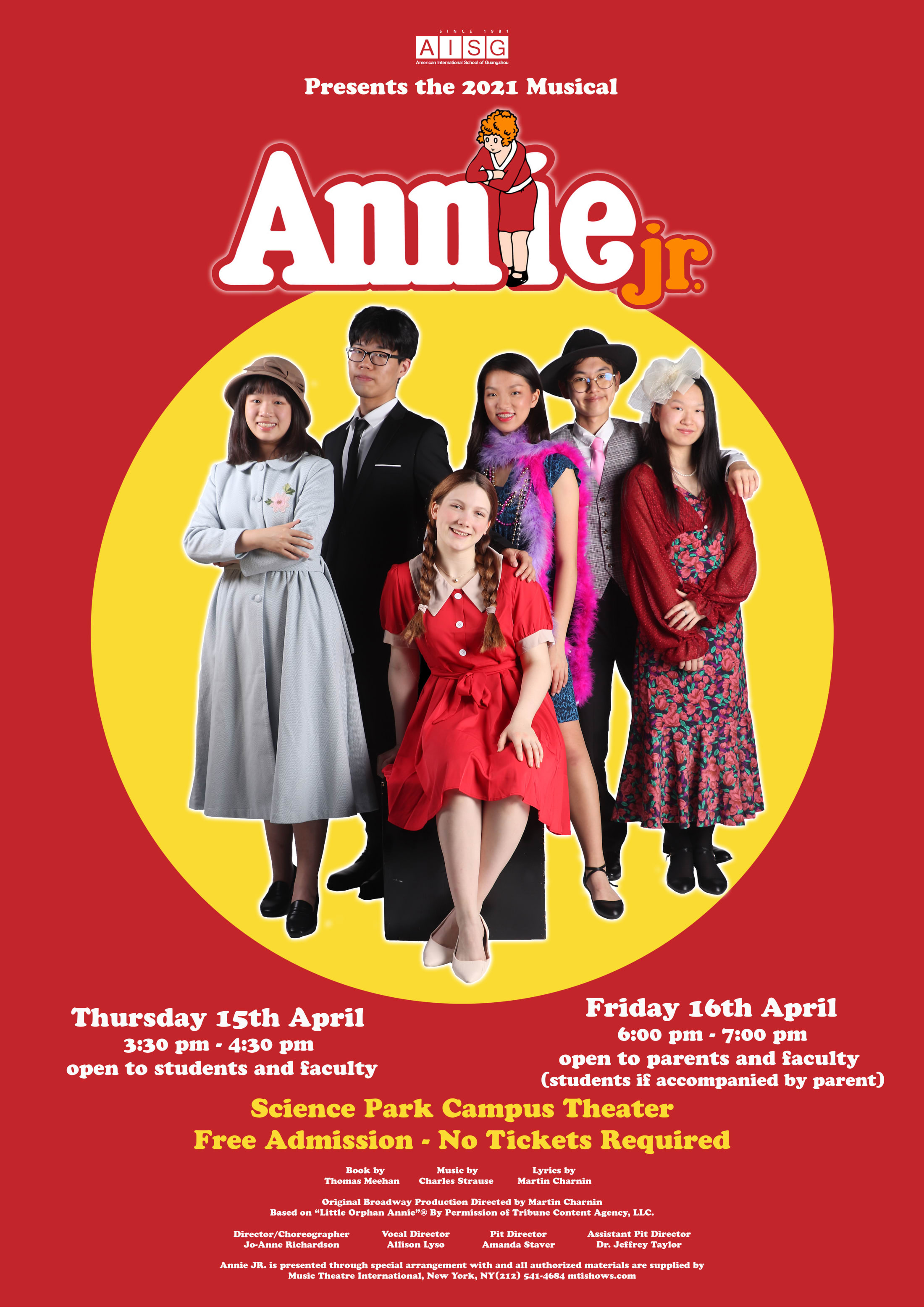 poster of the musical annie jr with students posing in their costumes