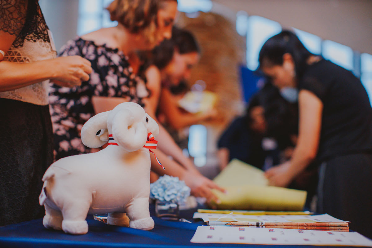 picture of a stuffed ram toy on a table