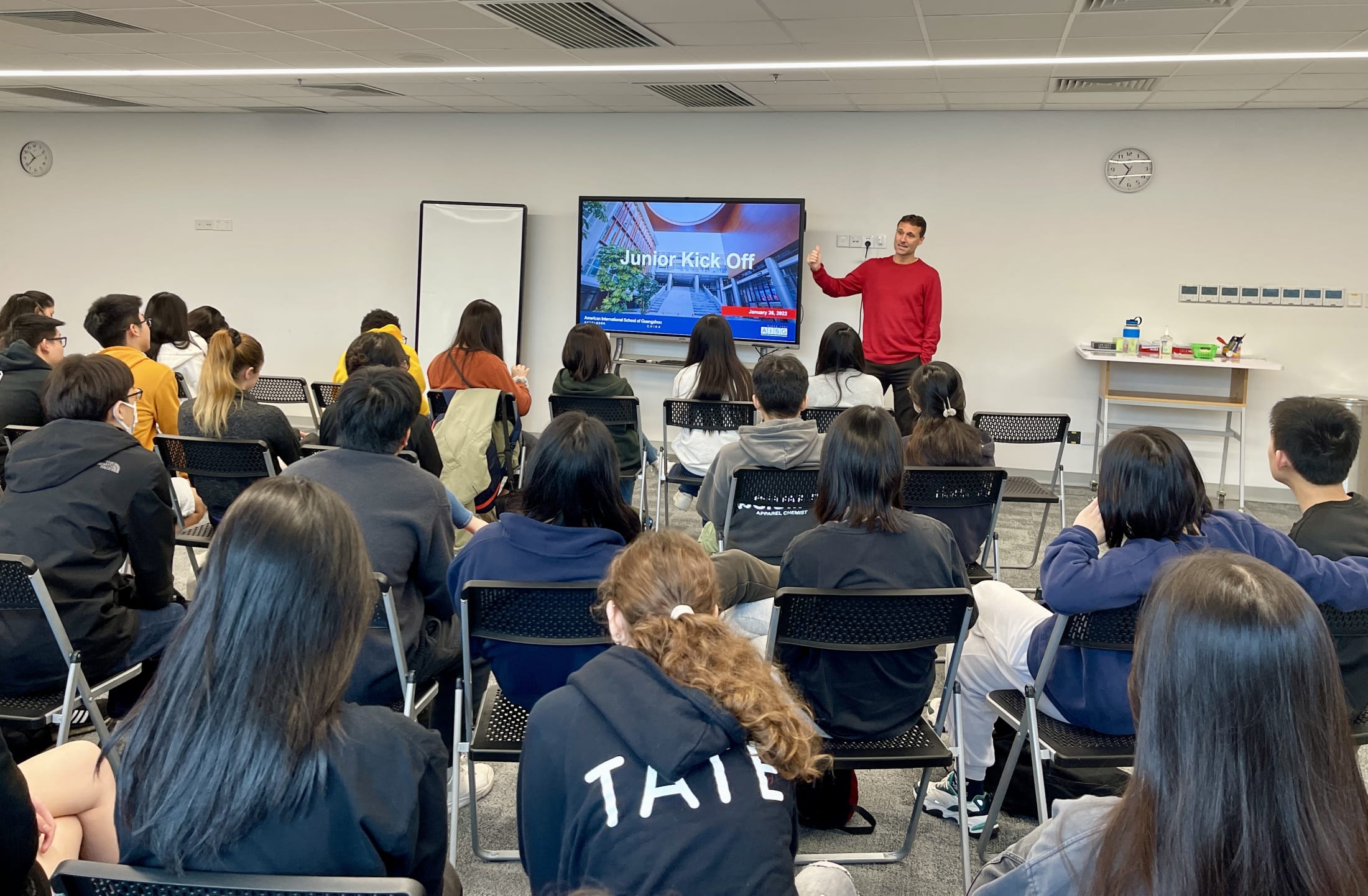 AISG College Counselor giving the juniors a session about college in this Junior Kick Off event