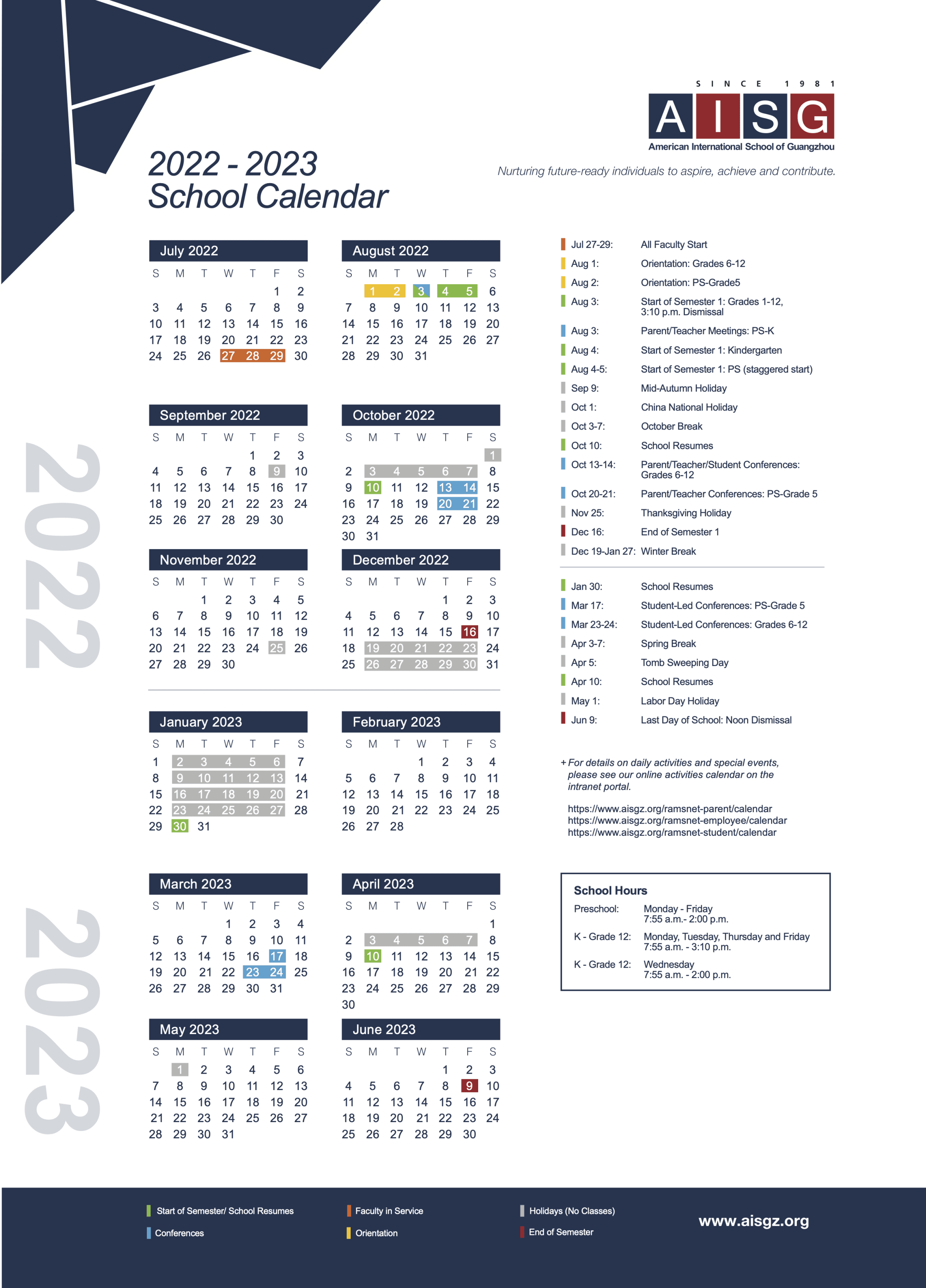 image screenshot of AISG 2022-2023 school calendar